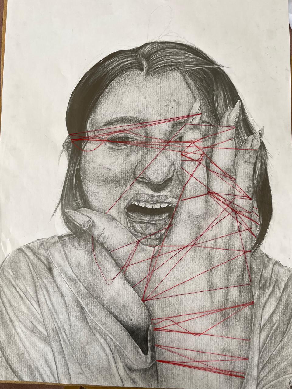 Pencil drawing of a girl with red thread sewn into paper