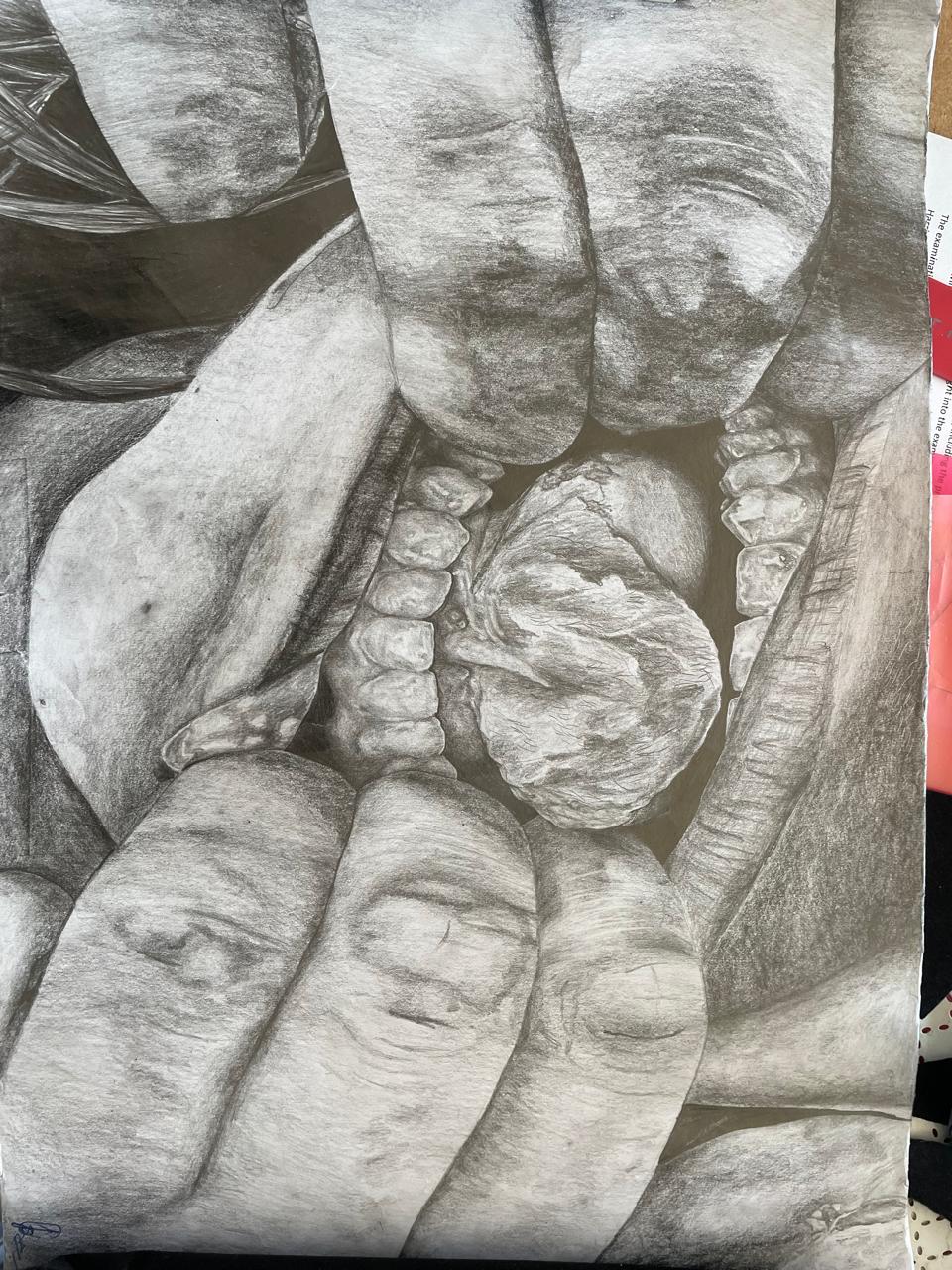 Pencil drawing of a mouth being pulled open with hands